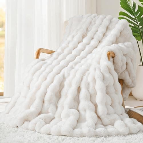 Touchat Luxury 1000GSM Faux Rabbit Fur Throw Blanket, Super Heavy Warm Cozy Blankets for Couch Bed Sofa, Bubble Plush Fuzzy Elegant Soft Reversible Mink Blanket for Living Room Bedroom, Cream White - Image 1