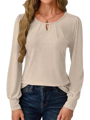 GKBK Women Long Puff Sleeve Tops Dressy Business Casual Blouses Basic Loose Fit Crewneck Work Office Shirts Pleated Cute 2025 Fall Winter Fashion Clothes Stylish Outfits Beige Medium - Thumbnail 2