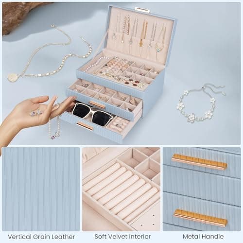 Dajasan Jewelry Organizer Box, Jewelry Storage Organizer with 2 Drawers, 3-Tier Large Jewelry Gift Box for Women, Girls, Friends, Wife or Mother, Gift Idea (Smoky Blue) - Thumbnail 4