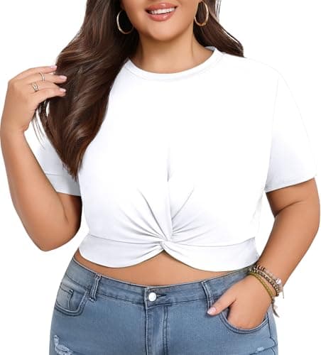 Lastshe Plus Size Summer White Crop Tops Short Sleeve Blouses Tie Front Tee for Curvy Women Cute T-Shirt Outfits,White,1X - Thumbnail 2