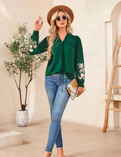 LOOKBOHO Women's Casual Floral Embroidered Puff Long Sleeve Tops Trendy Pleated V Neck Tie Front Boho Blouses Loose Shirts XL - Thumbnail 6