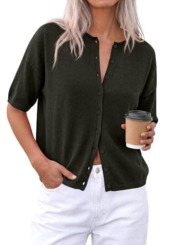 PRETTYGARDEN Women Spring Short Sleeve Cardigan Sweaters Button Down Knit Shirt Blouse Dressy Casual Tops 2026 Summer Outfits (Army Green,X-Large) - Image 1