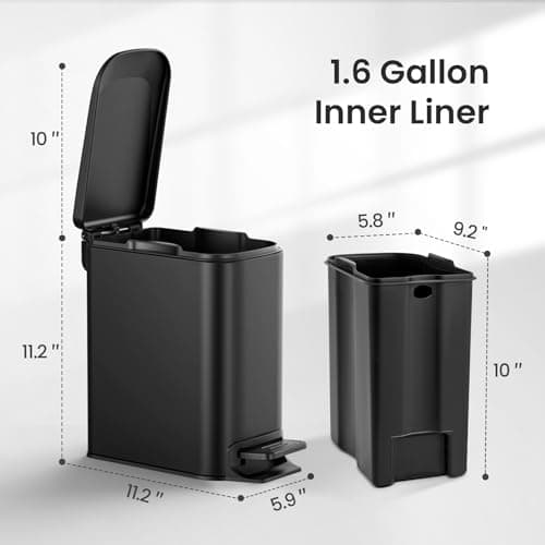 Cesun Small Bathroom Trash Can with Lid Soft Close, Step Pedal, 6 Liter / 1.6 Gallon Stainless Steel Garbage Can with Removable Inner Bucket, Anti-Fingerprint Finish (Matt Black) - Thumbnail 6
