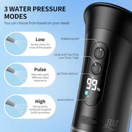 JDZ Ear Wax Removal Kit, Electric Ear Cleaner with Irrigation Flushing System, Safe & Effective Ear Cleaning Tool with LED Display, 3 Pressure Modes, 12 Tips, IPX7 - Thumbnail 4