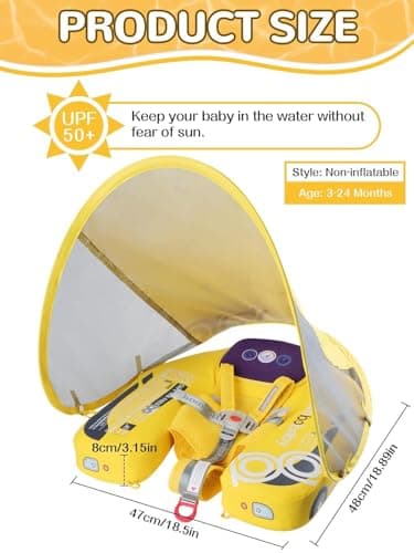 Mambobaby Baby Pool Float with Canopy, Kalolary Non-Inflatable Baby Swim Float Infant Swim Trainer Ring Toddler Pool Float with Adjustable Strap & Tile for 3-24 Months Age Boys Girls (Yellow Car) - Thumbnail 2