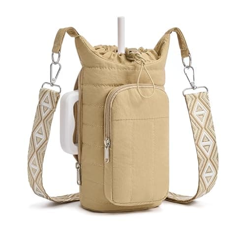 WOOMADA Water Bottle Holder Bag with Strap, 40/32 oz Crossbody Bag Gym Accessories, Sling Purses for Women(Khaki) - Image 1