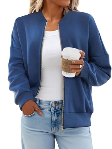 GEMLON Womens Zip Up Sweatshirts Jackets Long Sleeve Casual Loose Outwear with Pockets Blue XL - Thumbnail 2
