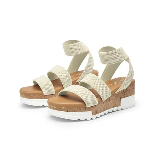 Athlefit Women's Platform Wedge Sandals Summer Casual Open Toe Elastic Ankle Strap Flatform Wedges Sandals Beige Size 11