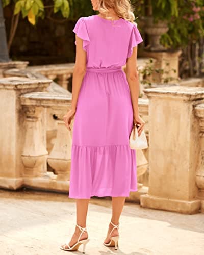 BTFBM Women Summer Bohemian Floral Casual Wrap V Neck Ruffle Cap Sleeveless Belt A-Line Pleated Hem Swing Midi Sun Dress (Solid Rose Pink, X-Large) - Thumbnail 5