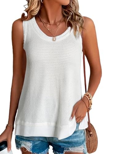 BLENCOT Women's Waffle Knit Summer Tank Top Casual Scoop Neck Sleeveless Loose Tunic Tops White M - Image 1
