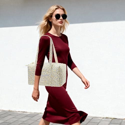 Molly Moon Top Zipper Floral Quilted Duffle Bag for Women, Yellow Quilted Small Floral Tote Bags with Coin Purse, Cute Cotton Shoulder Bag for Travel, Work, School - Thumbnail 2