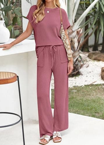 KIRUNDO 2 Piece Sets for Women Dressy Casual Ribbed Knit Short Sleeve Tops Wide Leg Pants Lounge Set Travel Airport Outfits(Purple Red, Small) - Thumbnail 6