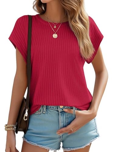 JUSTFASHIONNOW Womens Short Sleeve Blouses Business Casual Tops Crew Neck Basic Tees Textured Work Shirts Cute Office Outfits(Red,M) - Image 1