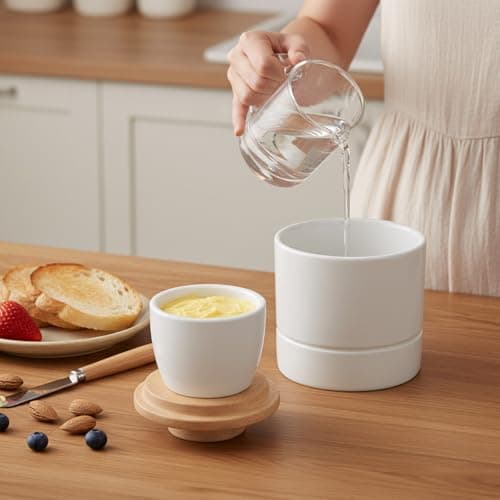 French Butter Dish with Lid for Countertop,Samseel Butter Crock with Water Line and Wooden Lid,Butter Keeper for Spreadable,Bright White - Thumbnail 5