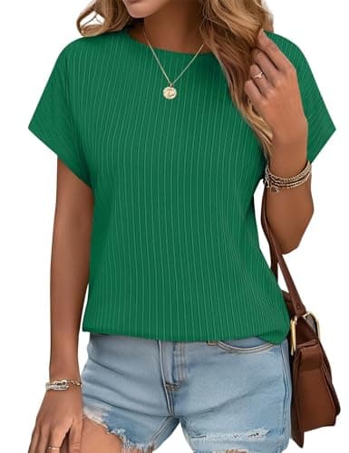 JUSTFASHIONNOW Womens Short Sleeve Blouses Business Casual Tops Crew Neck Basic Tees Textured Work Shirts Cute Office Outfits(Green,M) - Thumbnail 2