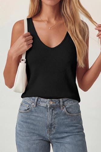 PRETTYGARDEN Women Summer Tank Tops 2026 Basic Sleeveless V Neck Lightweight Knit Beach Vacation Clothes Going Out Top(Black,XX-Large) - Thumbnail 4