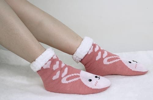 BenSorts Child Girls Christmas Slipper Socks Winter Warm Fleece Lining House Fuzzy Soft Sherpa Cozy Socks Gift Purple Reindeer Pink Bunny 2 Pairs 8 9 10 11 12 Years - Thumbnail 3
