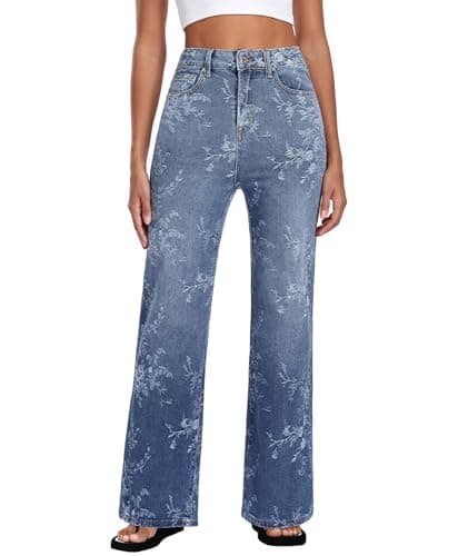 MARIASHA Jeans for Women New Flared Leg Stretch High Wasited Printed Pocket Pants Embroidery Print Blue S - Image 1