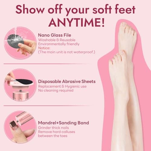 JINYAWA Electric Foot Callus Remover - 2-in-1 Rechargeable Cordless Foot File with LCD Display & 6 Speeds - Professional Foot Sander for Dead Skin, Thick Nails, Heels and Soles (Pink) - Thumbnail 4