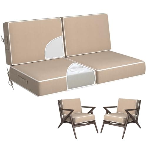 5" Thicker Outdoor Chair Cushions Set of 2 - 24x24 Inch Patio Chair Cushion for Outdoor Furniture w/Fade-Resistant Removable Cover Waterproof Deep Seat Patio Cushions w/Straps Handle for Couch, Khaki