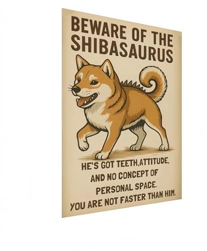 Carastora Vintage Dinosaur Shiba Inu Tin Sign, Fun Wall Art for Indoor and Outdoor Decor - Beware of Animals Decorative Metal Poster 12x8 Inch - Image 1