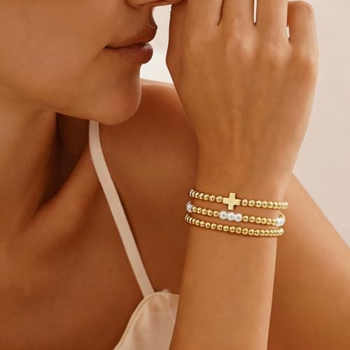 Fohufo Pearl Beaded Cross Bracelets Stack for Women, 14K Gold Plated Layered Religious Jewelry, Dainty Faith Bracelet Gift - Thumbnail 2