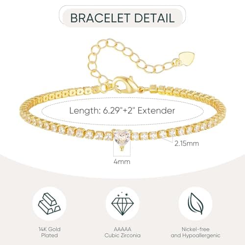 Gold Heart Tennis Bracelet for Women - 14K Gold Plated Heart Cubic Zirconia Link Bracelet, Adjustable Dainty Minimalist Design, Trendy Anniversary Birthday Valentine’s Day Jewelry Gift for Her Girfriend Daughter (Gold) - Thumbnail 4