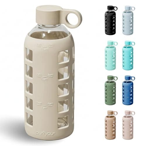 purifyou 40oz / 32oz / 22oz / 12oz Borosilicate Glass Water Bottle with Time & Volume Markers, Silicone Sleeve, Stainless Steel Lid | Reusable Glass Bottle for Water & Juice (22oz Pearled Ivory) - Image 1