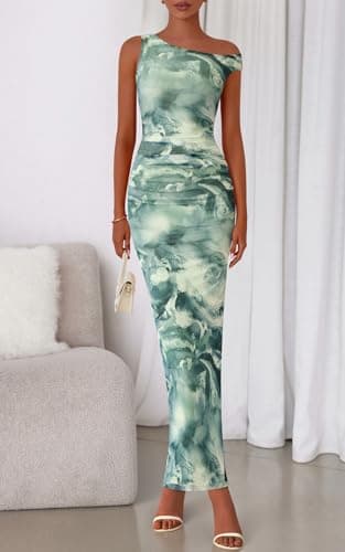 PRETTYGARDEN Women's 2026 Summer Floral One Shoulder Maxi Dress Stretch Sexy Bodycon Dress Slip Cocktail Long Dresses (Floral Grey Green, Small) - Thumbnail 4