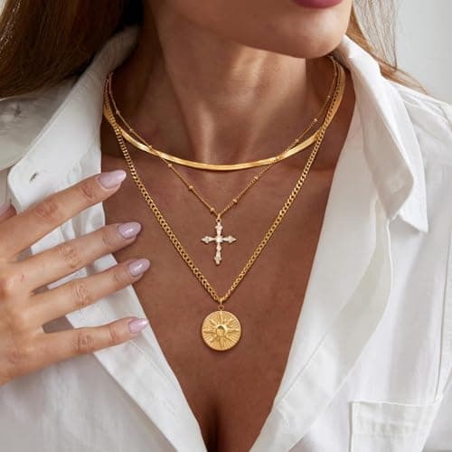 Gold Layered Necklace for Women - 3Pcs 18K Gold Plated Cross Necklaces, Stainless Steel Stackable Necklace Cuban Link Paperclip Chain Trendy Jewelry, Herringbone Choker Christmas Birthday Gift for Her - Thumbnail 2