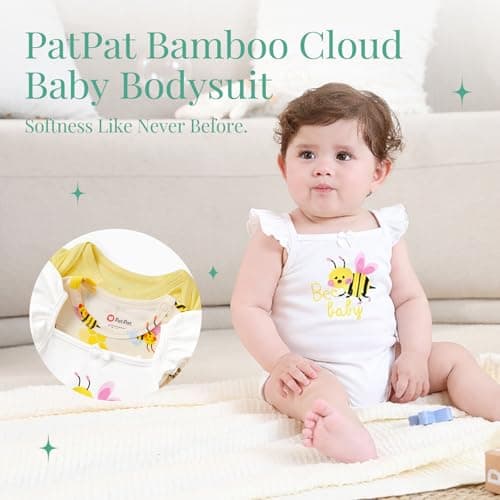 PATPAT Baby Girl Bodysuits 3 Pack – Organic Rayon Viscose for Bamboo Blend Infant Summer Rompers, Soft Breathable Outfits, Baby Clothing Essentials Registry Gift Newborn Infant Yellow-Bee 6-9 Months - Thumbnail 2