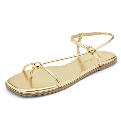 Athlefit Strappy Sandals for Women Square Open Toe Gold Flat Sandals Comfortable Ankle Strap Beach Thong Flip Flops Gold Size 8.5 - Image 1