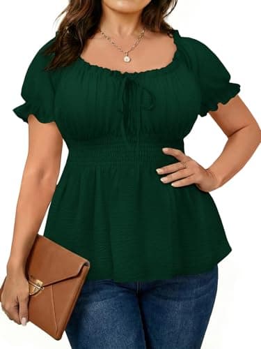 Beautife Womens Plus Size Tops Square Neck Puff Short Sleeve Blouse Ruffle Babydoll Peplum Smocked Cute T Shirts Dark Green - Image 1