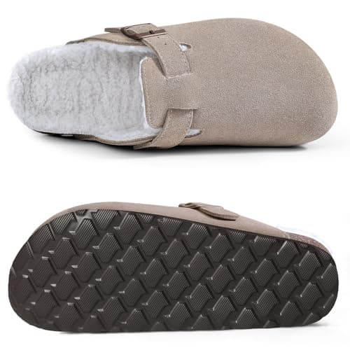 KIDMI Women's Fur Lined Suede Clogs Fuzzy Cork Footbed Mules Slip On Winter Potato Shoes, Taupe 44 (Size 12) - Thumbnail 3