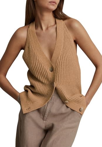 Women Button Front Sweater Vest Top Sleeveless Cardigan Vest Knit Button Down Tank Top Brown M - Image 1