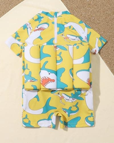 Floatie Swimsuit for Toddlers Boys Girls Floating Bathing Suit Baby Kids Float Learn to Swim Suit Floatation Beach Pool Light Yellow Shark 5-6 Years - Thumbnail 3