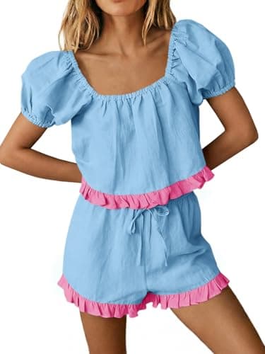 Tankaneo Womens 2 Piece Short Sets Summer Puff Sleeve Square Neck Babydoll Tops Cute Lounge Set Cotton Vacation Outfits - Image 1