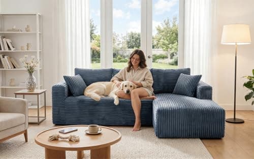 92.5" Modualr Sectional Sofa, L-Shape Corduroy Cloud Couch with Chaise, Upholstered Memory Foam Boneless Couch for Living Room, No Need Assembly - Blue - Image 1