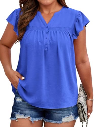 Beautife Womens Plus Size T Shirts Summer Casual Ruffle Sleeve Button Down V Neck Tops Loose Fit Smocking Tee Blue - Image 1