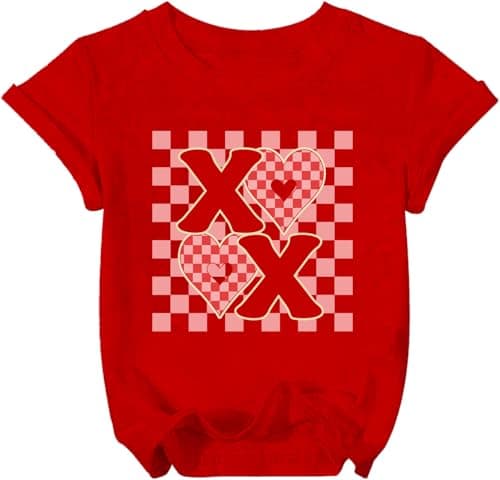 Girls Valentines Day Shirt Size 4 5 Valentine Love Heart Print T-Shirts Kids Graphic Cute Short Sleeve Tee Red - Image 1