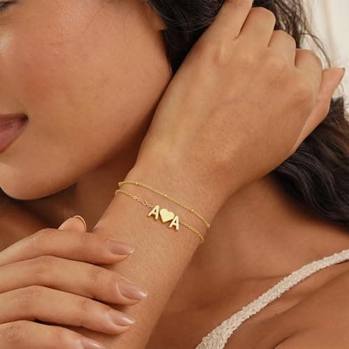 Turandoss 2 Initial Bracelets for Women Trendy – Personalized Heart Two Initial CN Charm, Dainty14K-Gold-Plated Layered Jewelry, Birthday Gifts for Women - Thumbnail 2