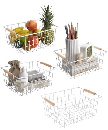 Wire Basket with Wooden Handle, Metal Utility Storage Basket for Organizing Kitchen Pantry Cabinets, Closet and Garage Shelves Drawers, Office Metal Basket Storage Organizer with Handle (White 4 Pack) - Image 1