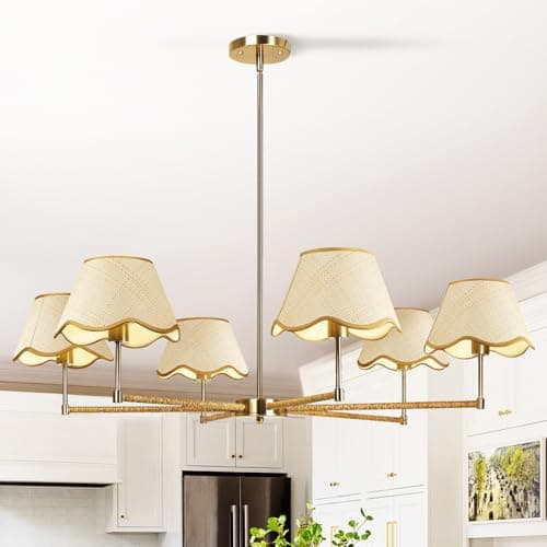 Tadpole Jump 6-Light Farmhouse Chandelier 35.4" Boho Rattan Chandelier with Height Adjustable Dining Room Chandelier for Kitchen Island, Living Room