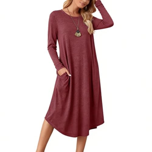 Lounge Dress for Women Long Sleeve Midi Long Dress Loose Casual Side Slit Dresses Pocket L Red - Image 1