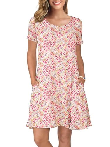 KORSIS T-Shirt Dress for Women Casual Summer Short Sleeve Floral L Dresses Swing Flowy Beach Vacation Sundress with Pockets - Image 1