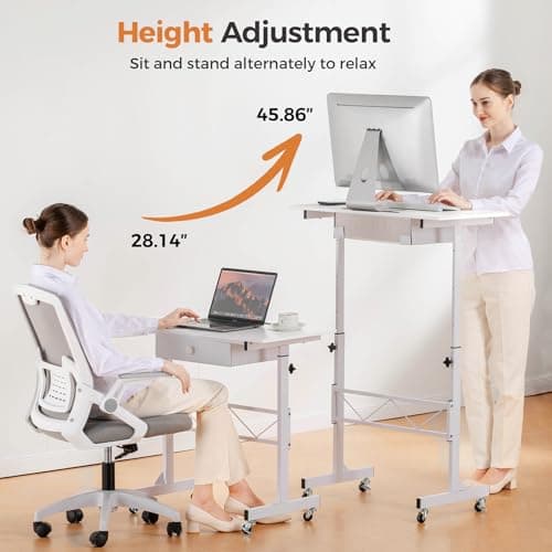 COMHOMA Small Standing Desk Adjustable Height Small Computer Desk Mobile Portable Rolling Laptop Table with Wheels 32" Computer Workstation Sit Stand Desks Portable Standing Table Treadmill desks - Thumbnail 4