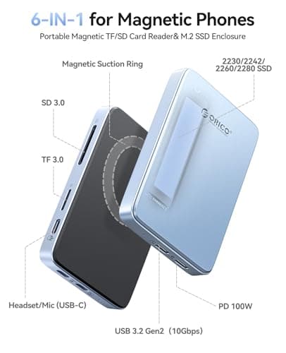 ORICO 10Gbps Magnetic M.2 NVMe SSD Enclosure with USB-C Dock Compatible for Phone 17/16/15 Pro/Max/Plus ProRes Recording TF/SD Card Slot PD 100W for 2230/2242/2260/2280 B+M M-Key Diskless AP80F Black - Thumbnail 2