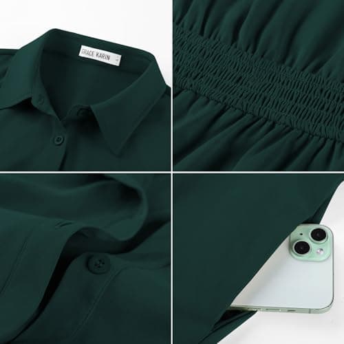 GRACE KARIN Womens Short Sleeve Shirt Dresses 2026 Summer Midi Button Down Dress Work Business Casual Dress with Pockets Dark Geen S - Thumbnail 6