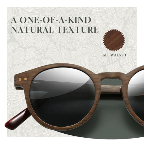 SUNGAIT Round Wood Polarized Sunglasses Women Men Vintage Retro Oak Walnut Rosewood Wooden Shades UV Protection (Walnut Frame/Grey Lens) - Thumbnail 2