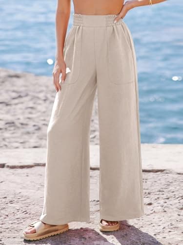 NIMIN Women Wide Leg Palazzo Pants High Waisted Casual Lounge Pants Flowy Loose 2026 Summer Beach Vacation Outfits Dressy Trousers with Pockets Apricot - Thumbnail 2